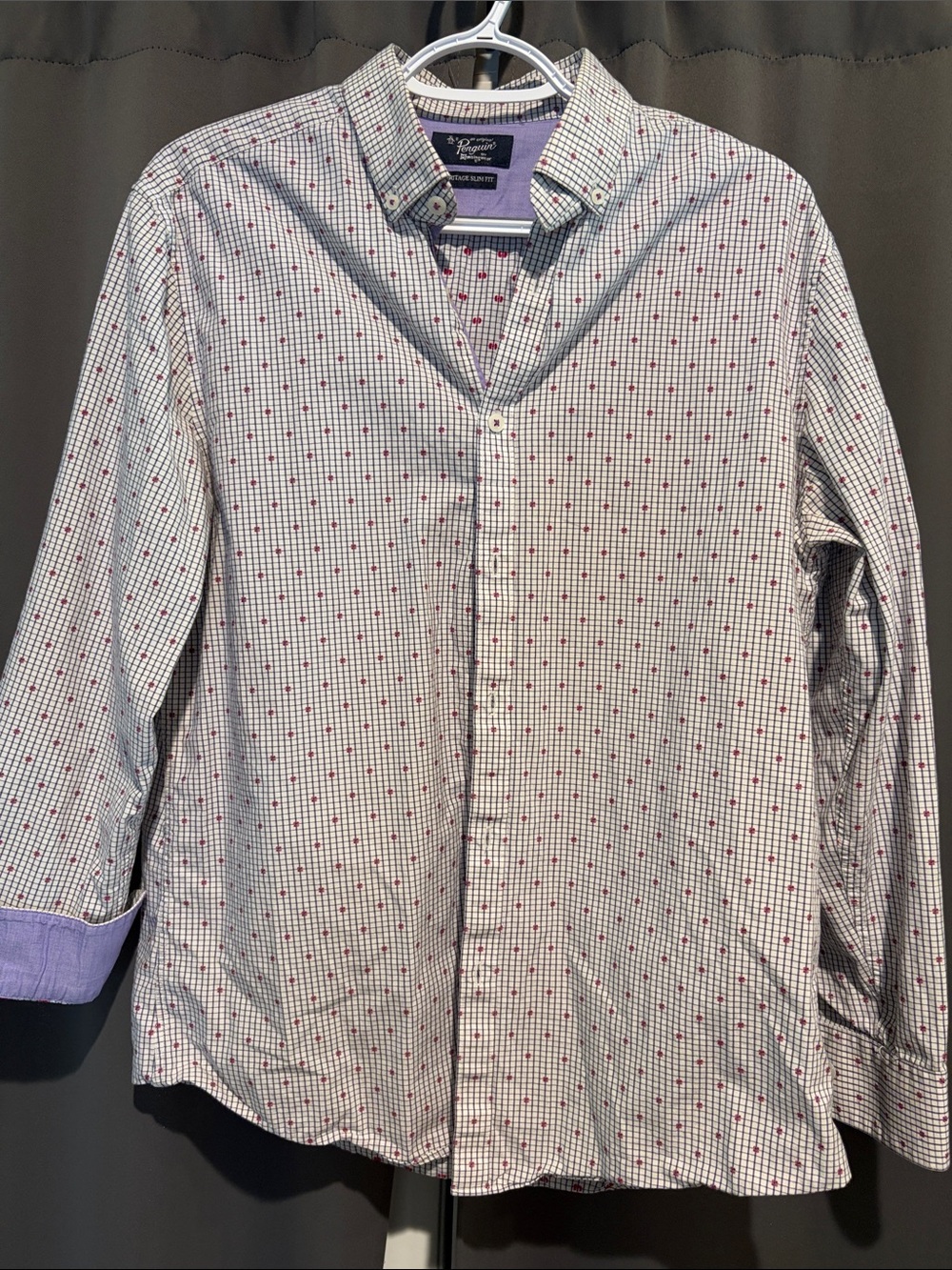 Original Penguin White Button-Down Shirt with Purple and Red Micro-Print